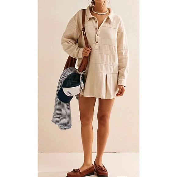 NEW FREE PEOPLE FREE-EST BEIGE CHECKIN' IN MINI DRESS SZ SMALL S - Picture 2 of 8